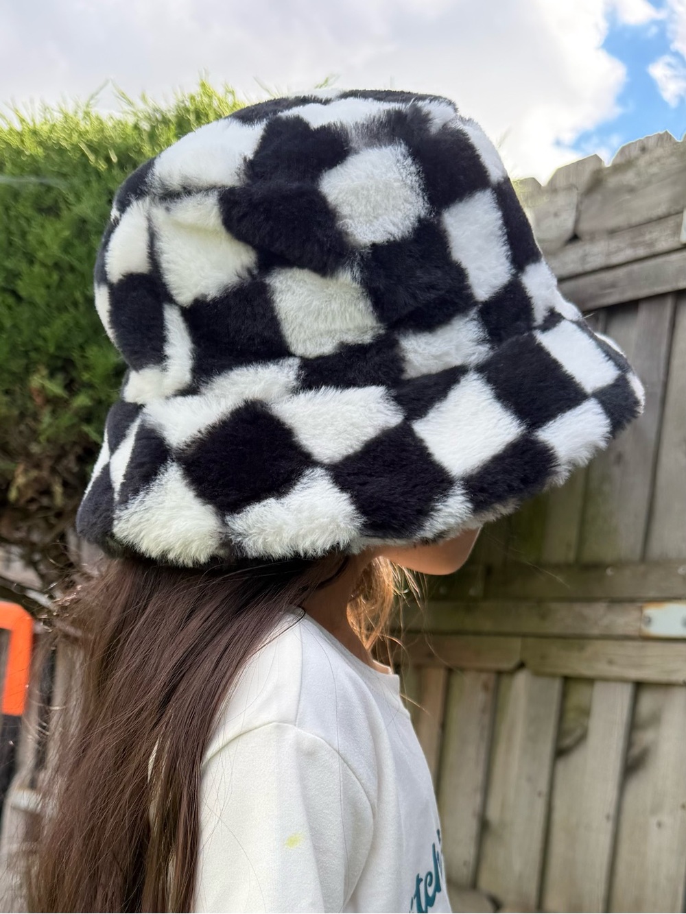 Kids Black & White Checkered Faux Fur Bucket Hat